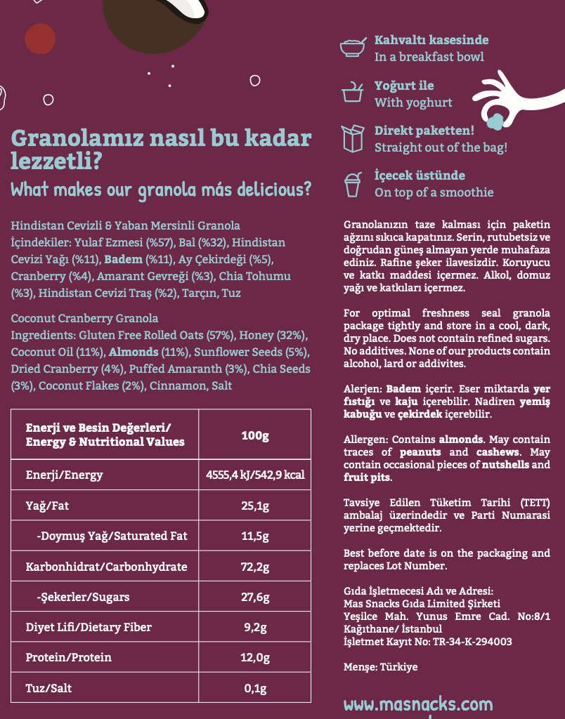 Hindistan Cevizli & Yaban Mersinli Granola 250gr 